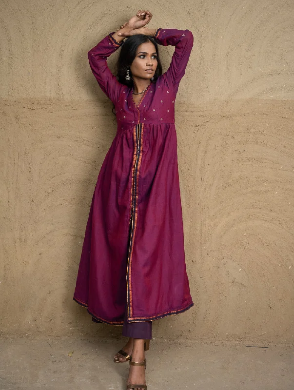 Traditional Elegance. Hand Embroidered Ilkal & Zardozi Ethnic Kurta / Dress - Regal Plum Square Neckline Feminine Traditional Elegance. Hand Embroidered Ilkal & Zardozi Ethnic Kurta / Dress - Regal Plum Square Neckline Feminine