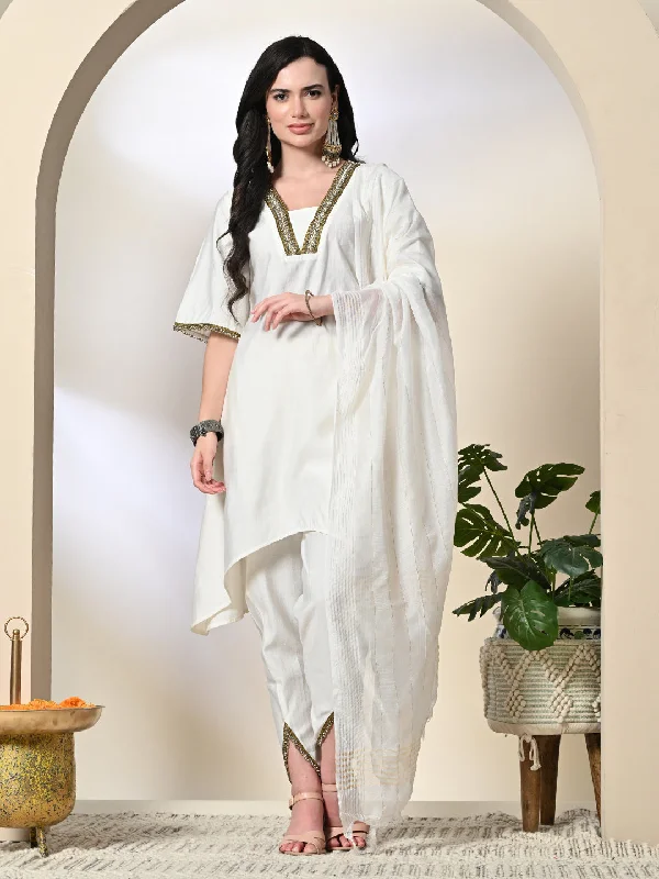 Myshka Women's Solid V-Neck Bell Sleeves Kurta & Dhoti Pants With Dupatta Sets in White Color Soft Stretch Trousers Myshka Women's Solid V-Neck Bell Sleeves Kurta & Dhoti Pants With Dupatta Sets in White Color Soft Stretch Trousers