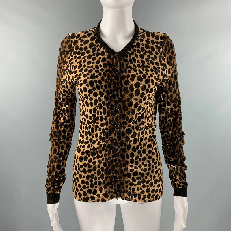 MOSCHINO Size 8 Brown Tan Animal Print Buttoned Cardigan Glossy Satin Silk