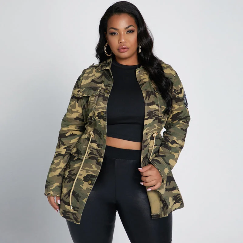 Rivet patch multi-bag drawstring cool camouflage tooling casual baseball uniform jacket plus size women's jacket ecowalson Knit Fabric Woven Fabric Fleece Fabric Rivet patch multi-bag drawstring cool camouflage tooling casual baseball uniform jacket plus size women's jacket ecowalson Knit Fabric Woven Fabric Fleece Fabric