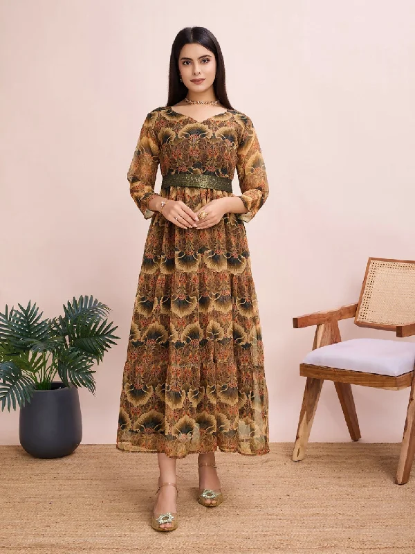 Preksha Creation Festival Special Fox Georgette With Full Lining Dress With Belt - Brown
