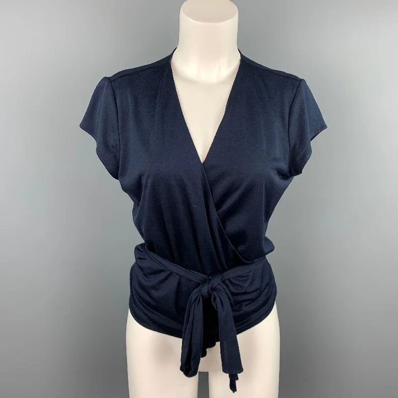 RALPH LAUREN Black Label Size L Navy Jersey Silk Wrap Short Sleeve Cardigan Terry Terry Cloth Terry Knit RALPH LAUREN Black Label Size L Navy Jersey Silk Wrap Short Sleeve Cardigan Terry Terry Cloth Terry Knit