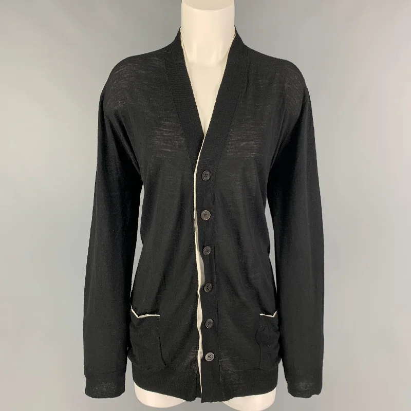 ANN DEMEULEMEESTER Size 8 Black White Wool Contrast Stitch Cardigan Hooded Caped Shawl Collar ANN DEMEULEMEESTER Size 8 Black White Wool Contrast Stitch Cardigan Hooded Caped Shawl Collar