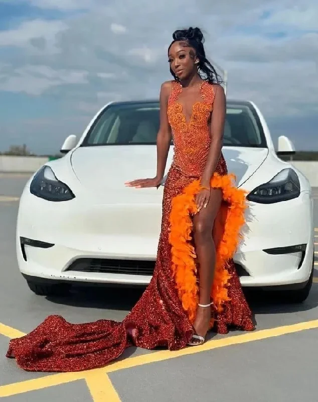Orange Sparkly Long Evening Birthday Dresses for Black Girl 2024 Gillter Diamond Feather Velvet Prom Gown vestidos de gala Orange Sparkly Long Evening Birthday Dresses for Black Girl 2024 Gillter Diamond Feather Velvet Prom Gown vestidos de gala