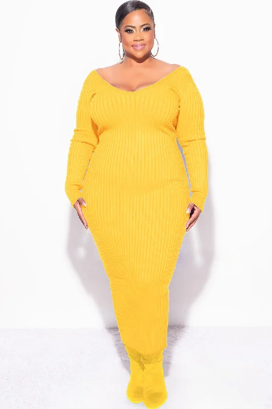 Final Sale Plus Size BodyCon Ribbed Knit Dress in Gold Yellow