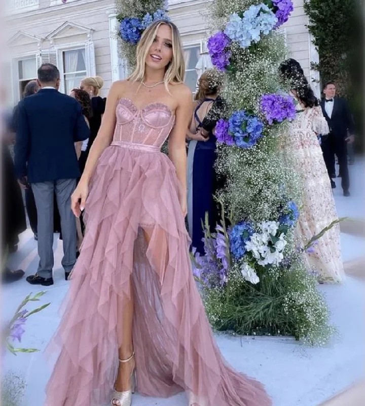Sexy Strapless Edge Curl فساتين السهرة Glaring Dusty Pink Vestidos De Noche Lace On Chest Side High Split Prom Dress Sexy Strapless Edge Curl فساتين السهرة Glaring Dusty Pink Vestidos De Noche Lace On Chest Side High Split Prom Dress