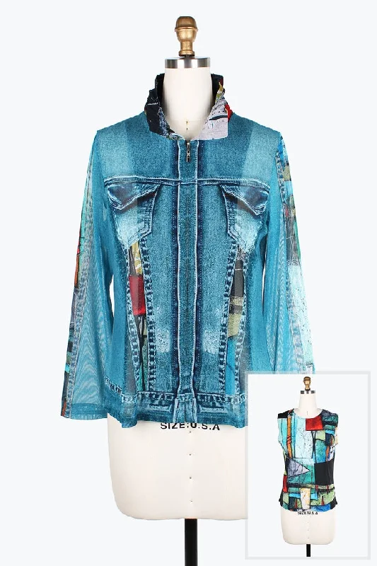 Damee Jacket ABSTRACT PAINTING DENIM MESH TWIN SET 31407-DNM Faux Fur Fabric Real Fur Fabric Shearling Fabric Damee Jacket ABSTRACT PAINTING DENIM MESH TWIN SET 31407-DNM Faux Fur Fabric Real Fur Fabric Shearling Fabric