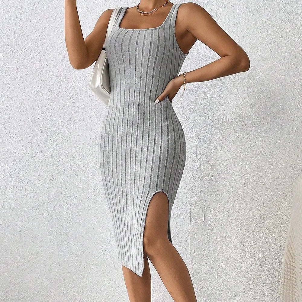 Bonnyshow  Summer New Women's Tight Sexy Tank Top Dress Split Sleeveless Dress Solid Color Slim Fit Long dresses robe de soirée orange slim fit tank