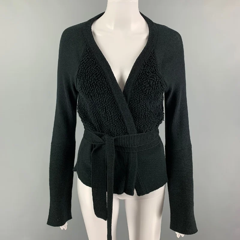 SONIA RYKIEL Size 6 Black Cotton Textured Belted Cardigan Seamless Knitted Crochet