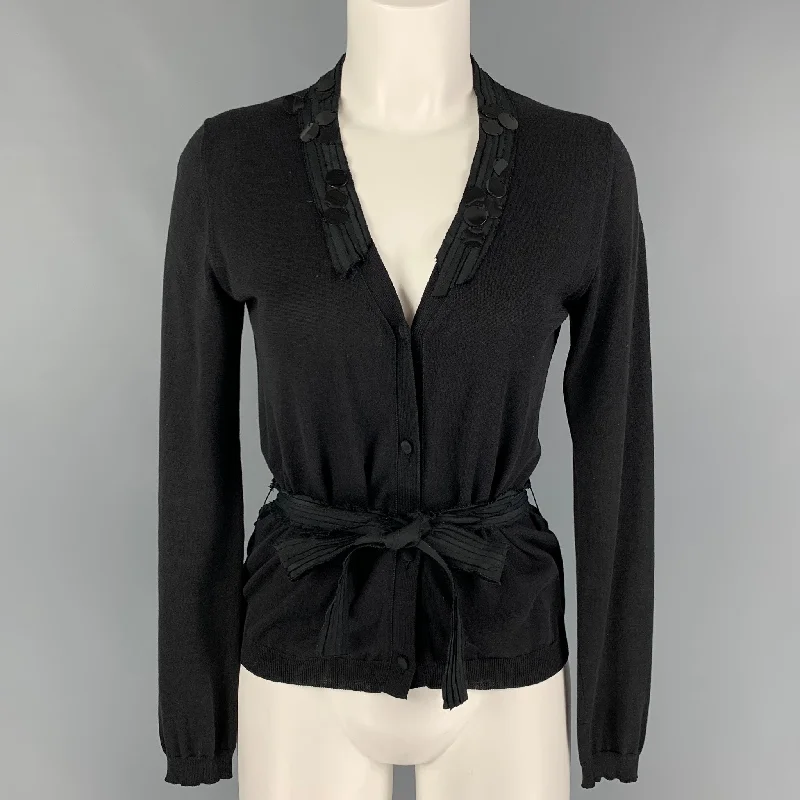 MIU MIU Size 4 Black Cotton Payette Sequin Belted Cardigan Chenille Blend Fleece Blend Nylon Blend MIU MIU Size 4 Black Cotton Payette Sequin Belted Cardigan Chenille Blend Fleece Blend Nylon Blend
