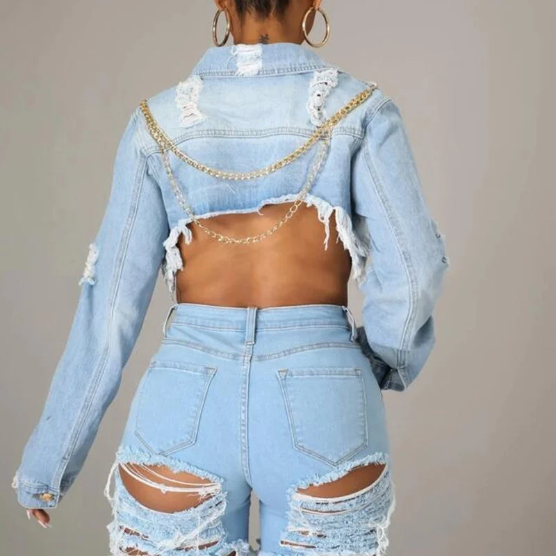 KX-PT9962 Ins hot sale short plus size ladies jeans jacket with chains tassel distressed ripped women jean jackets Snapped Jacket Toggled Jacket Drawstring Jacket KX-PT9962 Ins hot sale short plus size ladies jeans jacket with chains tassel distressed ripped women jean jackets Snapped Jacket Toggled Jacket Drawstring Jacket