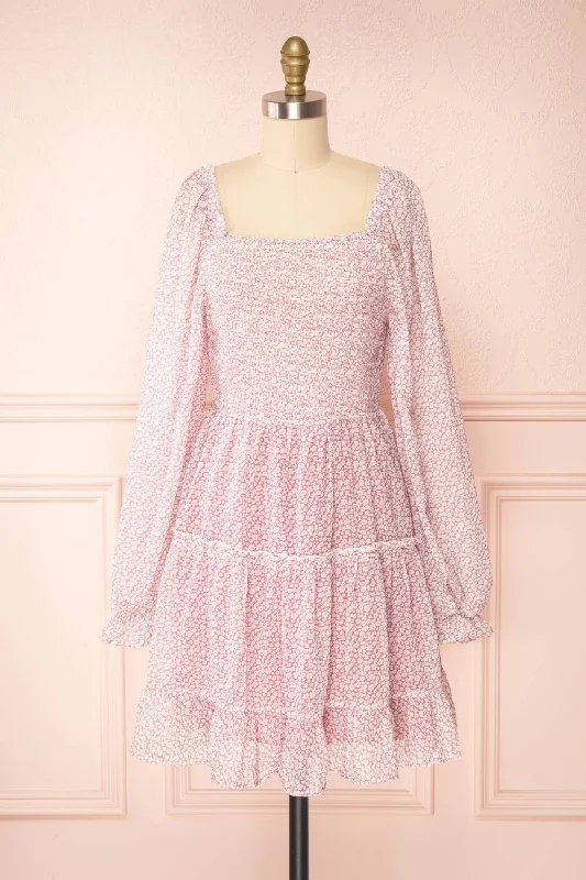 Daisa Mauve | Midi Floral Dress w/ Long Sleeves
