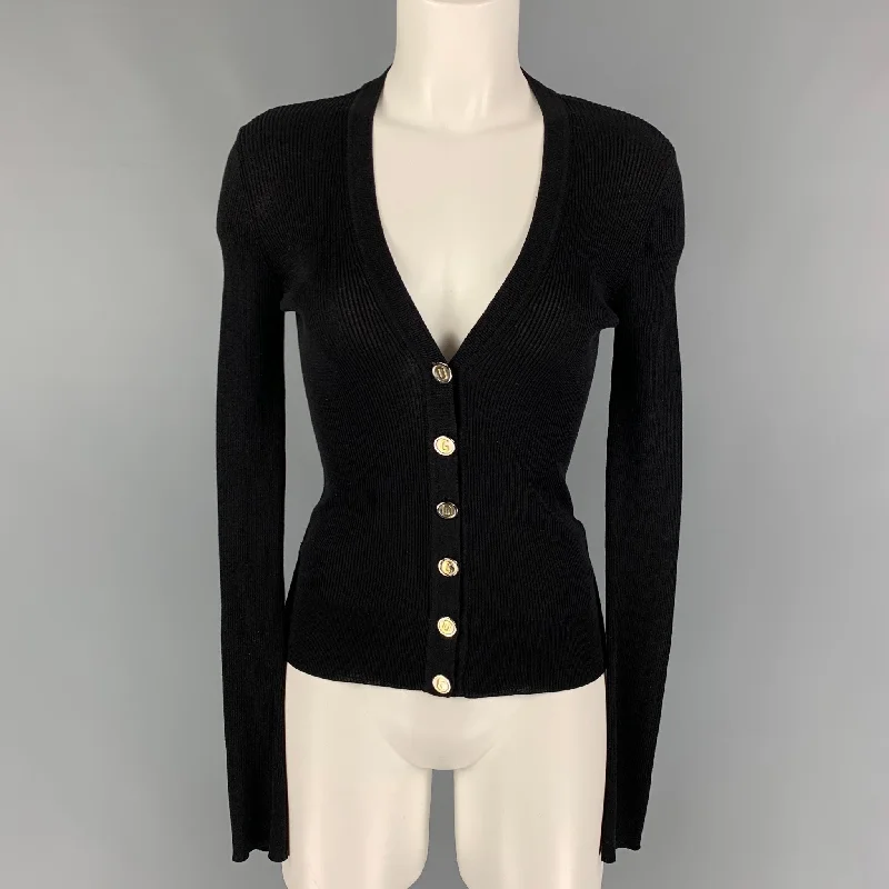 DOLCE & GABBANA Size 4 Black Cotton Ribbed V-Neck Cardigan Cashmere Blend Cotton Blend Poly Blend DOLCE & GABBANA Size 4 Black Cotton Ribbed V-Neck Cardigan Cashmere Blend Cotton Blend Poly Blend
