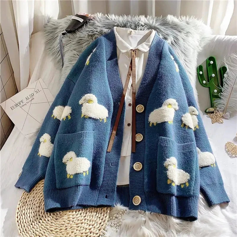 Fluffy Sheep Thick Sweater Cardigan Plaid Cardigan Polka Dot Checkered