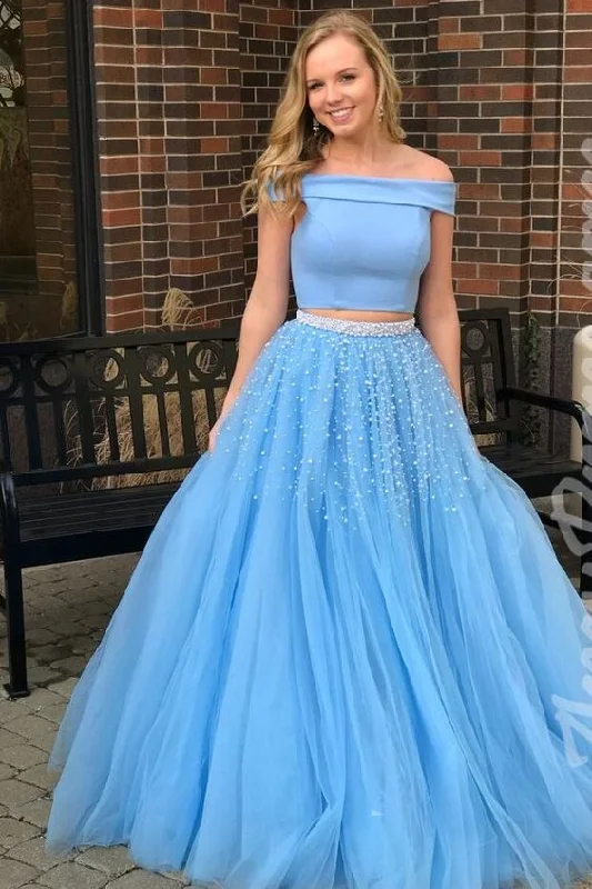 Two Piece Off-the-Shoulder Open Back Blue Prom Dress with Beading  cg555