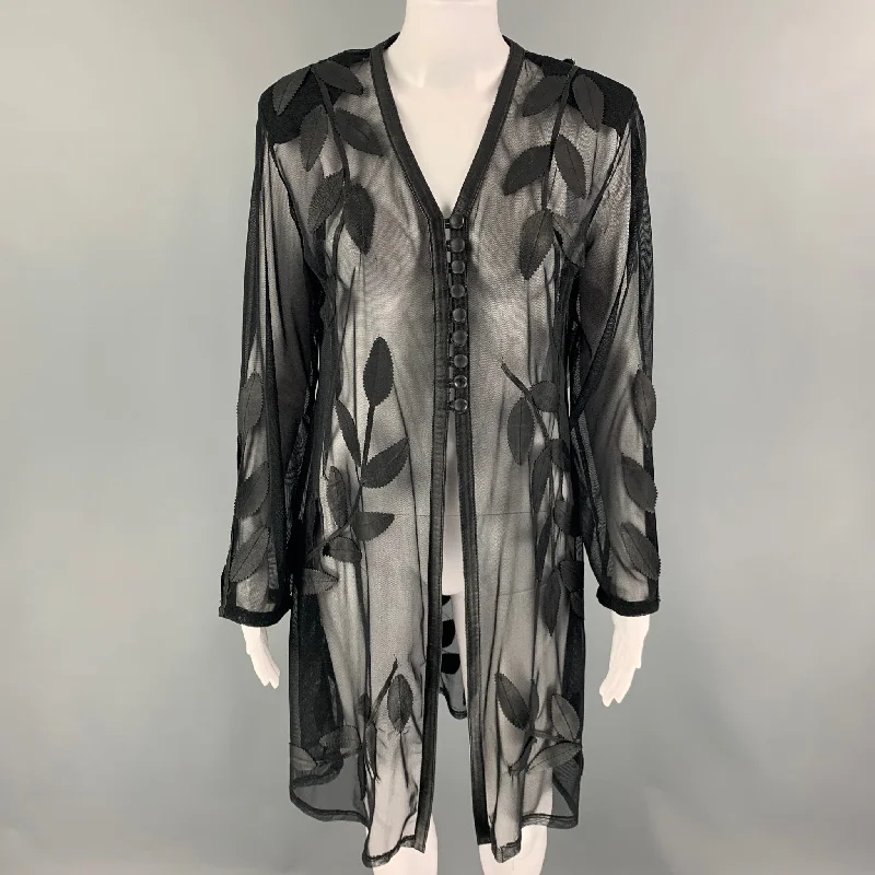 VINTAGE Size S Black Mesh See Through Leather Cardigan Elegant Classic Vintage