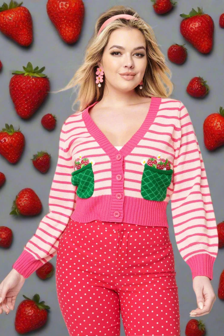 Smak Parlour 1960s Pink Stripes & Strawberry Pocket Cardigan Wool Fabric Cashmere Fabric Tweed Fabric Smak Parlour 1960s Pink Stripes & Strawberry Pocket Cardigan Wool Fabric Cashmere Fabric Tweed Fabric