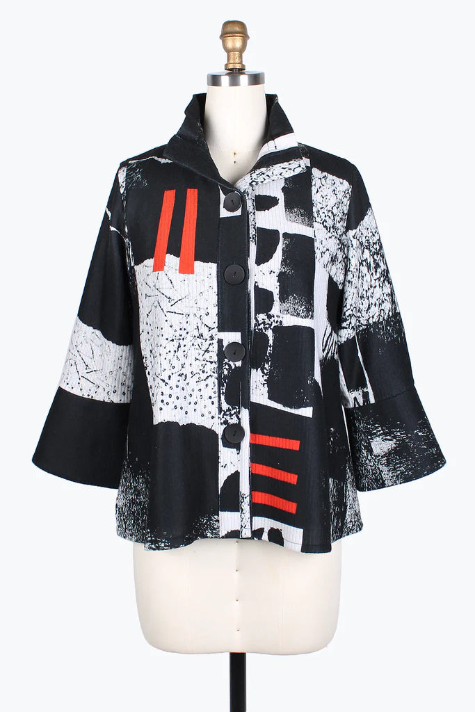 Damee Abstract Collage Ribbed Jacket 4772-BLK Front Pockets Side Pockets Patch Pockets Damee Abstract Collage Ribbed Jacket 4772-BLK Front Pockets Side Pockets Patch Pockets