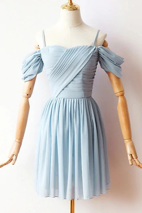 Off-the-shoulder Chiffon Blue A-line Short Prom Dresses Homecoming Dresses