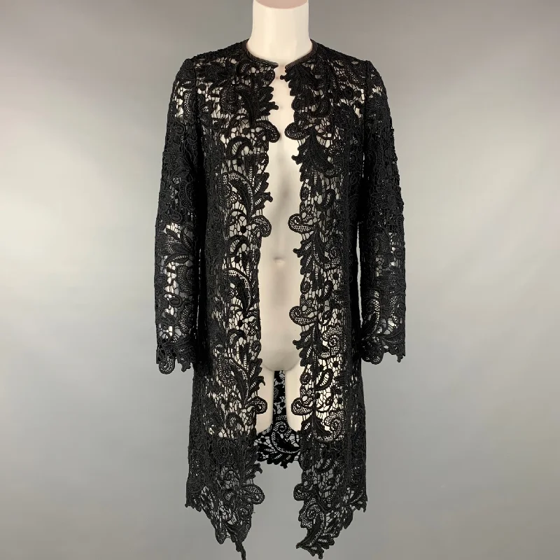 RALPH LAUREN Black Label Size 2 Black Lace Textured Cotton Leather Trim Cardigan Satin Fabric Silk Fabric Chiffon Fabric RALPH LAUREN Black Label Size 2 Black Lace Textured Cotton Leather Trim Cardigan Satin Fabric Silk Fabric Chiffon Fabric