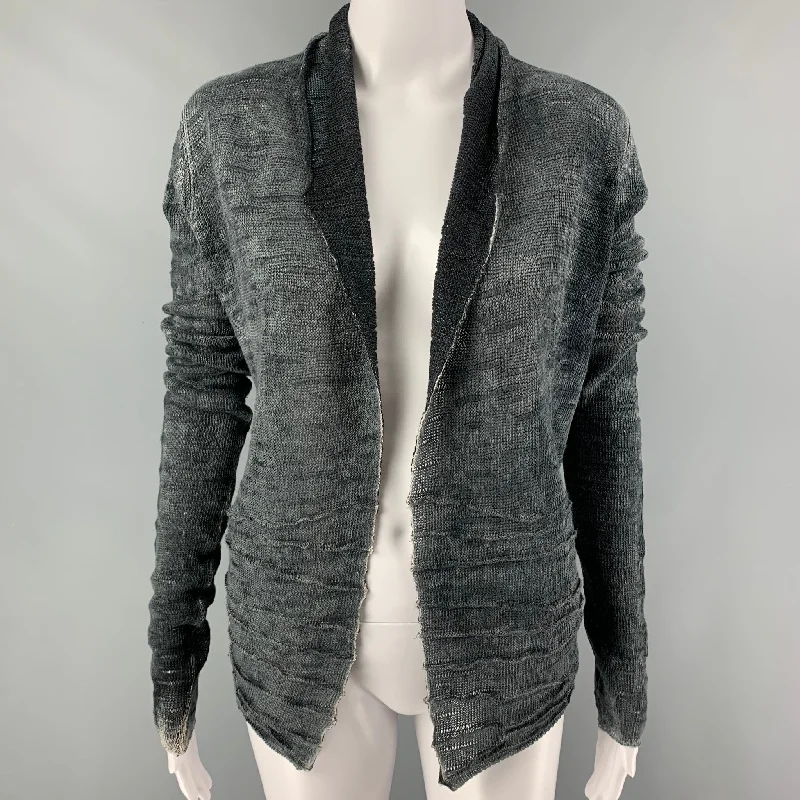AVANTTOI Size M Grey Linen Textured Open Front Cardigan Real Fur Shearling Chenille