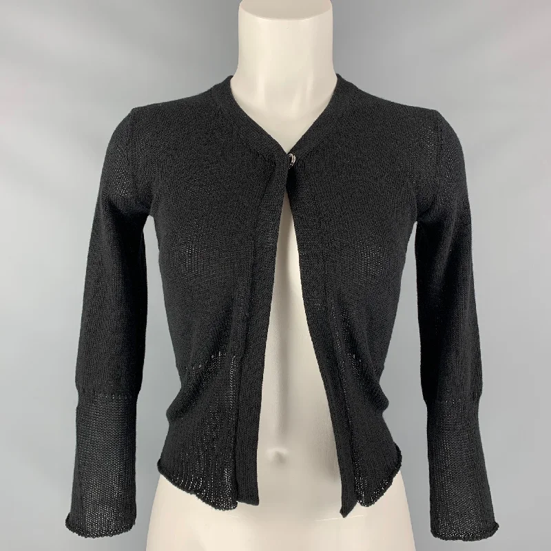 SOUCHI Size S Black Cotton Cashmere Cardigan Glossy Satin Silk
