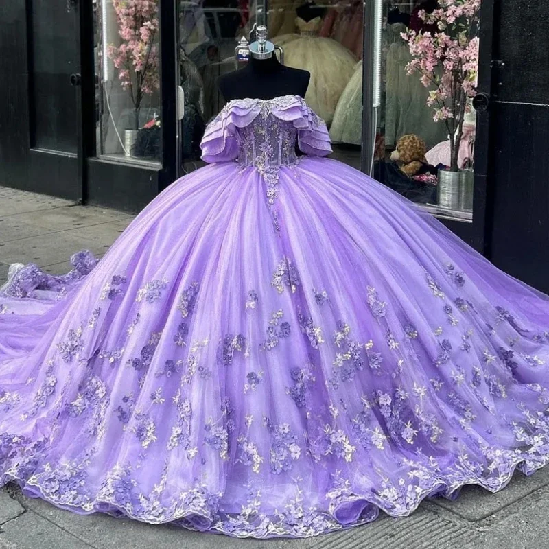 Saudi Arabic Princess Lilac Quinceanera Dresses Flowers Sweet 16 Dress Ball Gown Part Prom Wear Lace Up vestidos de 15 14