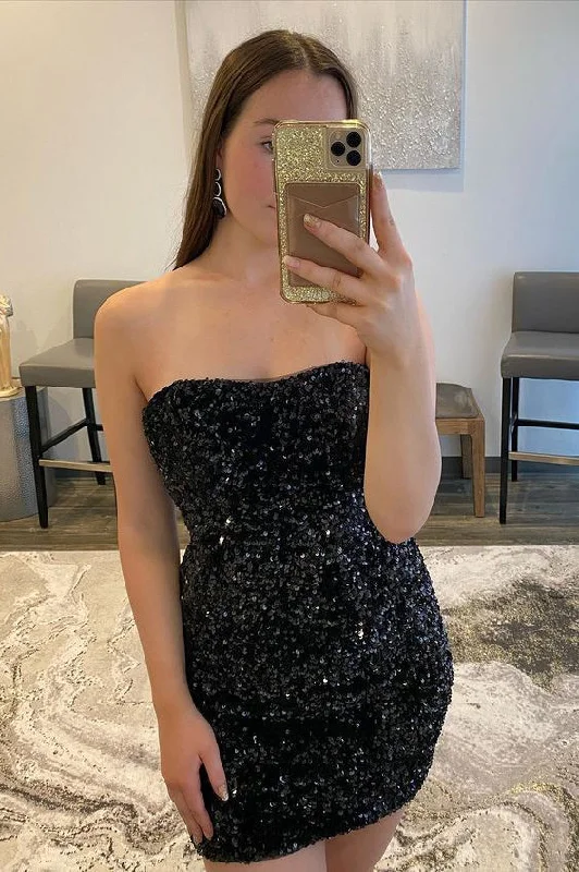Sequins Sparkle Beautiful Black Strapless Short Prom Dress Homecoming Dress