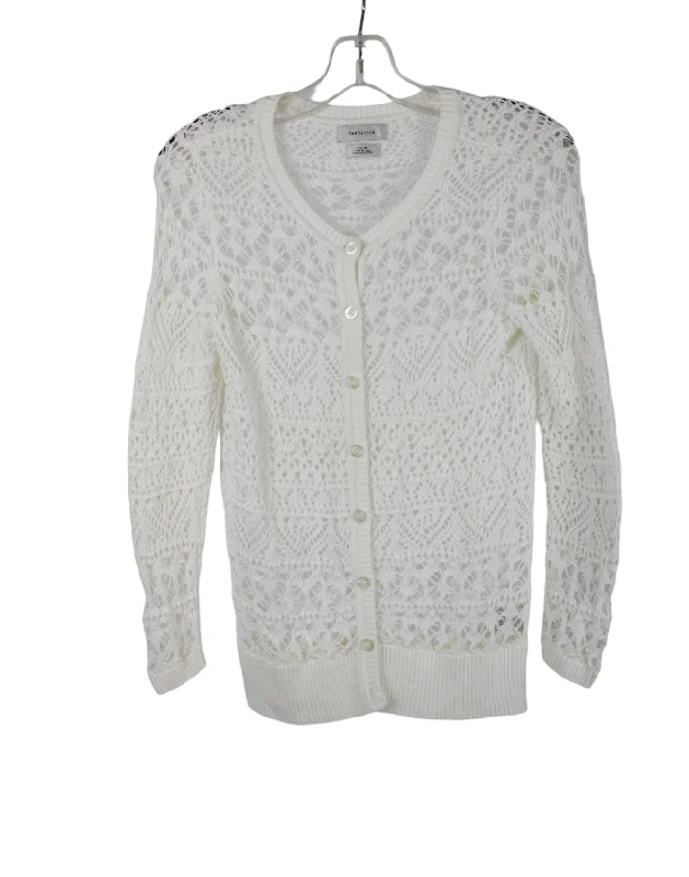 Van Heusen White Crocheted Cardigan | XS Chenille Fabric Brocade Fabric Lace Fabric