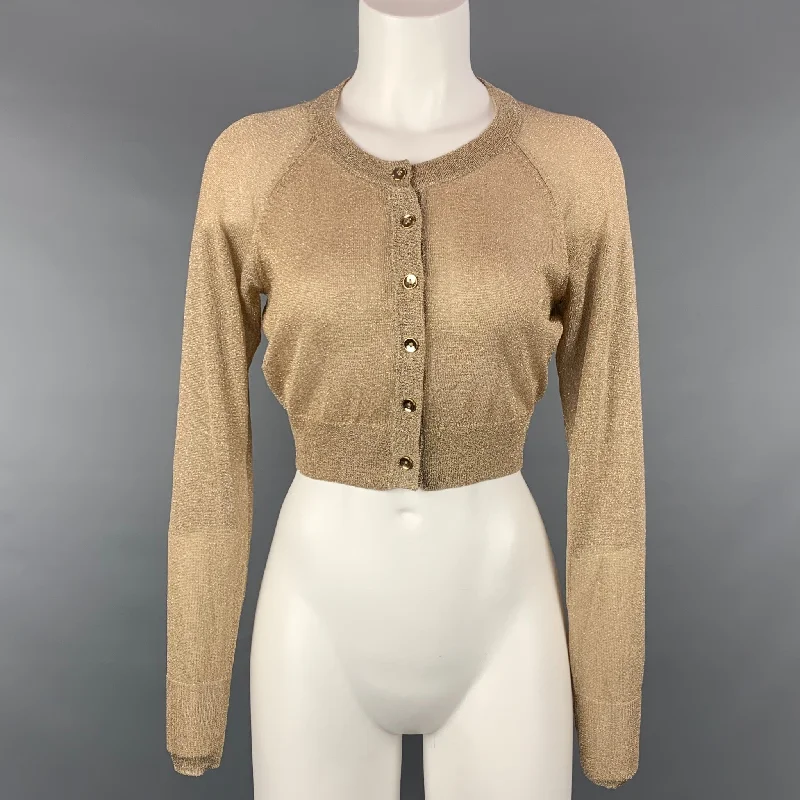 TWELFTH STREET by CYNTHIA VINCENT Size S Gold Rayon / Polyester Cropped Cardigan Faux Fur Fabric Real Fur Fabric Shearling Fabric TWELFTH STREET by CYNTHIA VINCENT Size S Gold Rayon / Polyester Cropped Cardigan Faux Fur Fabric Real Fur Fabric Shearling Fabric