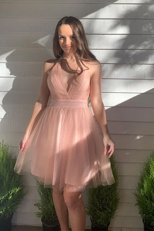 Deep V Neck Backless Tulle Pink Short Homecoming Dress