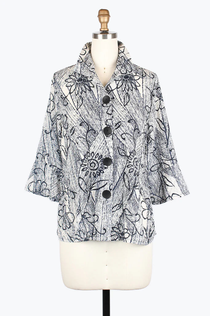 Damee 4959-Navy S25 Flower Drawing Seersucker Jacket Cardigan Sweater Pullover