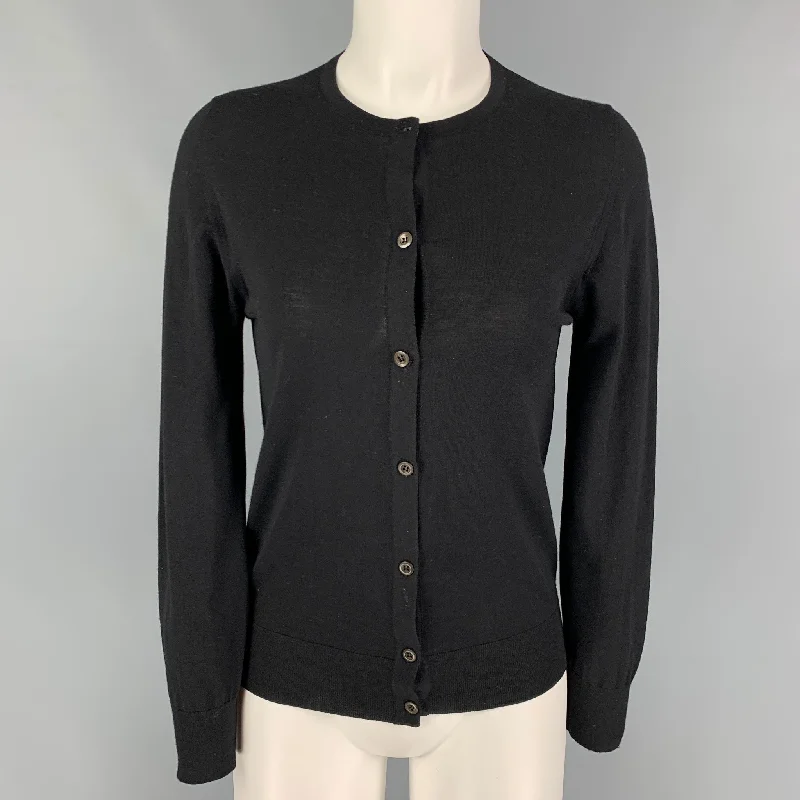 PRADA Size 2 Black Wool Long Sleeve Cardigan Collared Crew Neck Turtle Neck