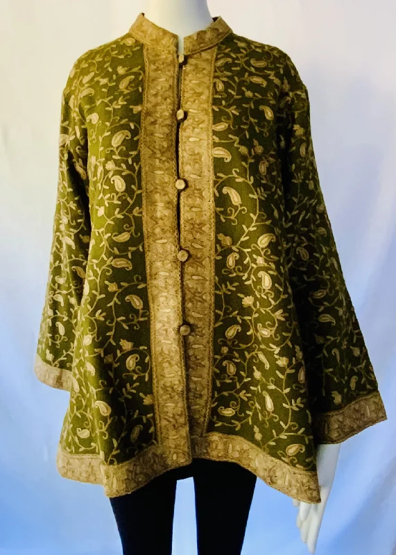 Hand Embroidered Short Jacket - Olive Green One-Shoulder Jacket Off-the-Shoulder Jacket Asymmetrical Jacket Hand Embroidered Short Jacket - Olive Green One-Shoulder Jacket Off-the-Shoulder Jacket Asymmetrical Jacket