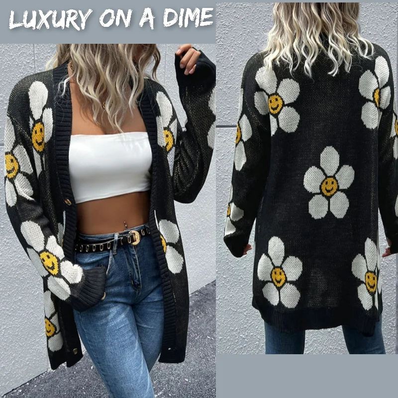 Daisy Smiley Face Button Down Longline Knit Cardigan Thin Thick Dense