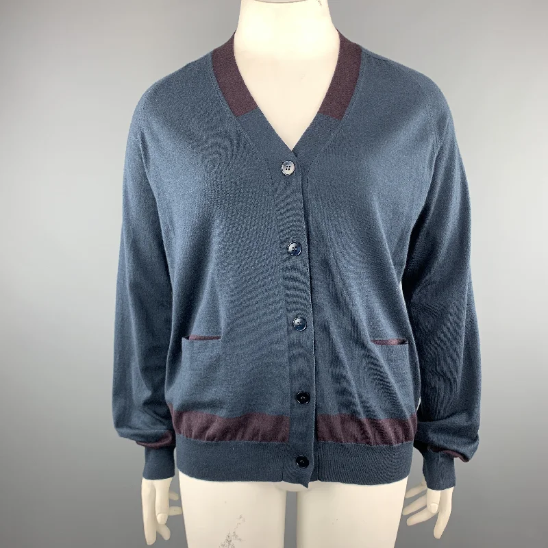 JIL SANDER Size 12 Navy & Plum Color Block Cashmere Blend Cardigan Hooded Cardigan Collared Cardigan Shawl Collar