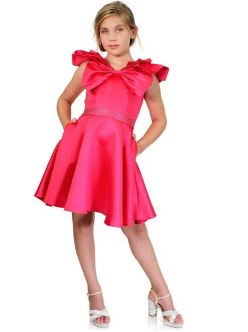Marc Defang K6013 Size 8 Hot Pink Short A Line Girls Pageant Cocktail Dress Interview Bow Pockets Formal