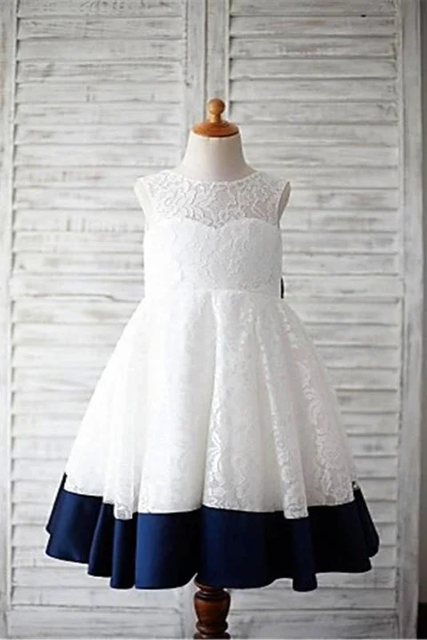 White Lace Navy Blue Sash Bow Flower Girl Dresses Cheap Kids Dress