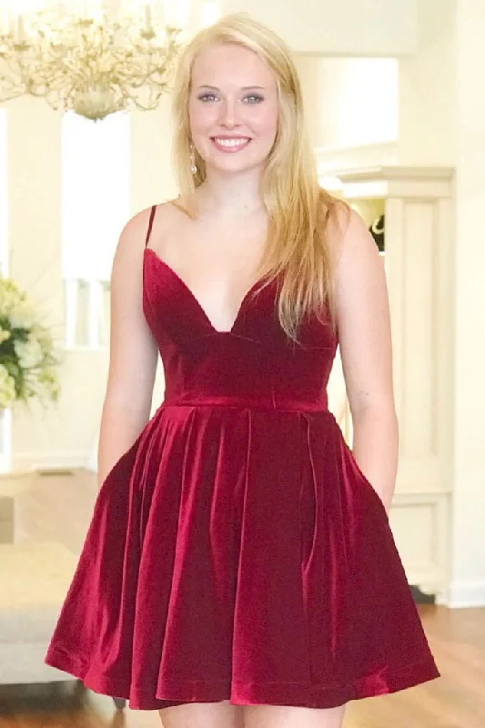 Spaghetti Straps V-Neck A- Line Burgundy Velvet Short Homecoming Dress