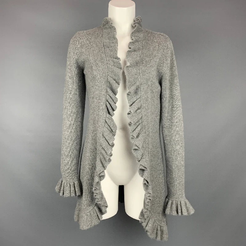 KINROSS Size S Grey Knitted Heather Cashmere Ruffled Cardigan Fitted Loose Oversized KINROSS Size S Grey Knitted Heather Cashmere Ruffled Cardigan Fitted Loose Oversized