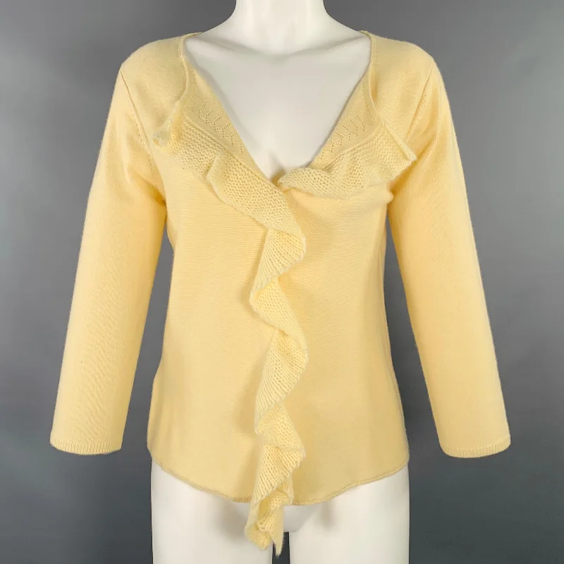 MAXSTUDIO Size M Yellow Cashmere Knit Ruffle Cardigan Transparent Opaque Sheer