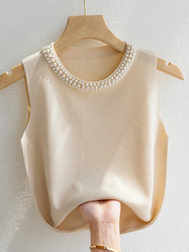 Korea Knitted Vests Women Top Solid Tank Blusas Mujer De Moda Summer New Fashion Female Sleeveless Beading Casual Thin Tops peach tank top