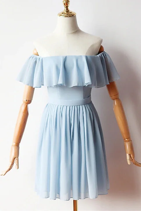 A-line Sleeveless Off the Shoulder Blue Chiffon Short Prom Dresses Homecoming Dresses A-line Sleeveless Off the Shoulder Blue Chiffon Short Prom Dresses Homecoming Dresses