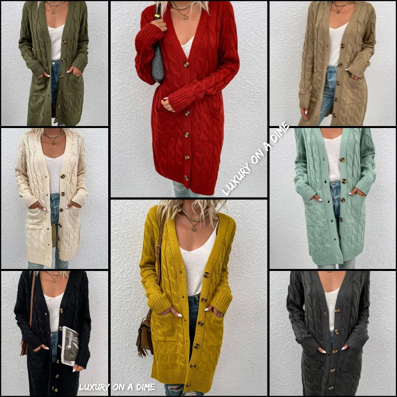 Chunky Cable-Knit Classic Button Front Long Cardigan with Pockets Cardigan Knitwear Sweater Chunky Cable-Knit Classic Button Front Long Cardigan with Pockets Cardigan Knitwear Sweater