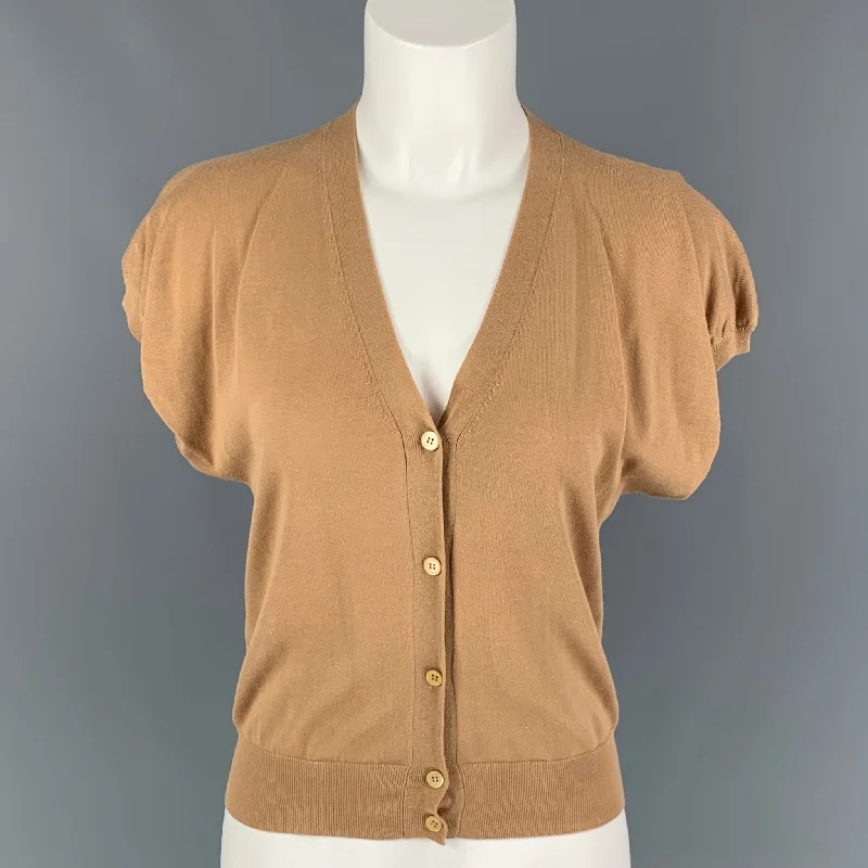 PRADA Size 4 Camel Cotton Short Sleeve Cardigan Mesh Blend Leather Blend Suede Blend PRADA Size 4 Camel Cotton Short Sleeve Cardigan Mesh Blend Leather Blend Suede Blend