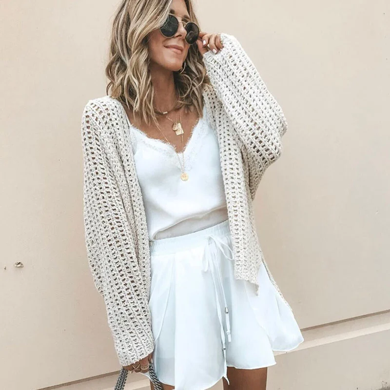 Women Sexy Hollow Knitted Cardigan Jersey Fabric Tulle Fabric Batik Fabric