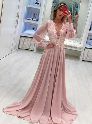Long Sleeve Prom Dresses Deep V Neck A Line Pink Prom Dress Chiffon Long Evening Dress  cg1032