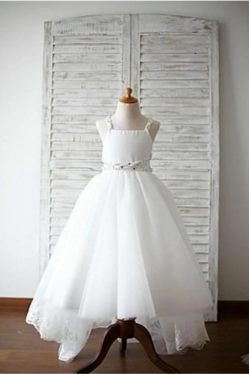 Open Back Lace Appliques Straps Train Long Flower Girl Dresses Ivory Kids Gowns