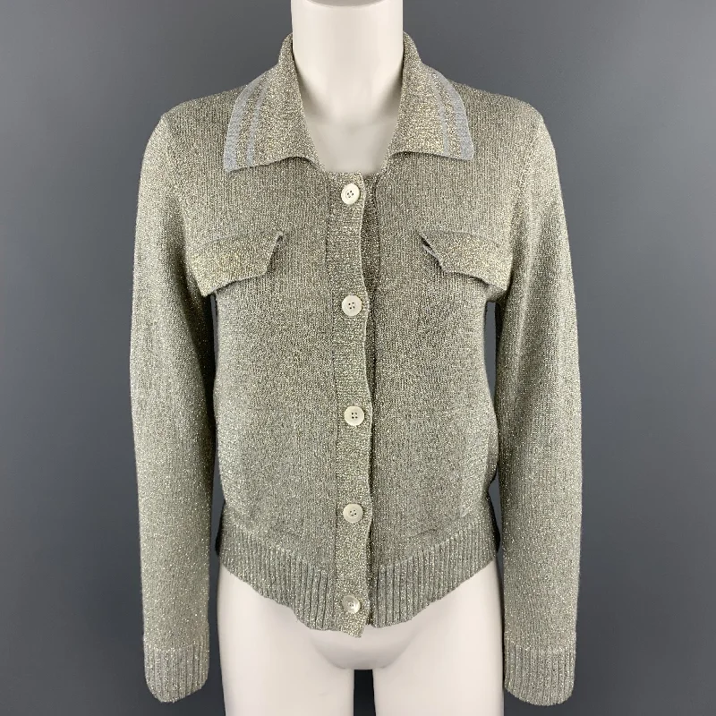 DRIES VAN NOTEN Size M Silver & Gold Sparkle Knit Collared Cardigan Chenille Blend Fleece Blend Nylon Blend DRIES VAN NOTEN Size M Silver & Gold Sparkle Knit Collared Cardigan Chenille Blend Fleece Blend Nylon Blend