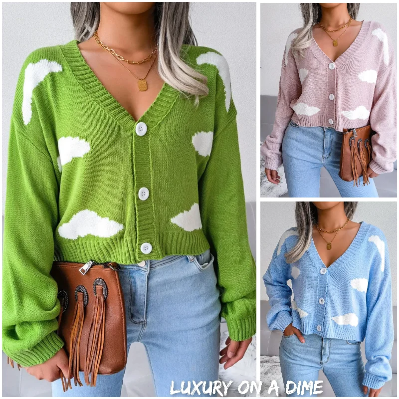 Cloud Print Cropped Classic Knit Button Front Retro Long Sleeve Cardigan Spandex Blend Rayon Blend Denim Blend Cloud Print Cropped Classic Knit Button Front Retro Long Sleeve Cardigan Spandex Blend Rayon Blend Denim Blend